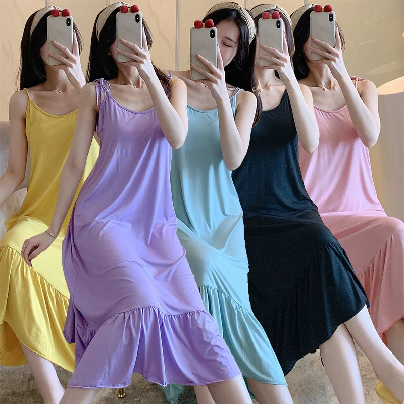 

2022 Summer Sexy Lingerie Spaghetti Strap Modal Nightgowns Women Korean Loose Long Dress Sleepwear Nightdress Night Dress Nighty