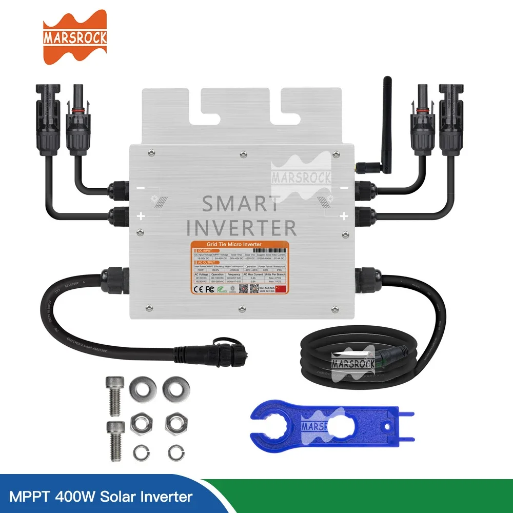 Mars Rock 400W Grid Tie Solar InverterIP65, 18-50V DC to AC 120V/240V Auto Pure Sine Wave Inverter for 2*100~200W PV Solar Panel
Mars Rock 400W Grid Tie Solar InverterIP65, 18-50V DC to AC 120V/240V Auto Pure Sine Wave Inverter for 2*100~200W PV Solar Panel