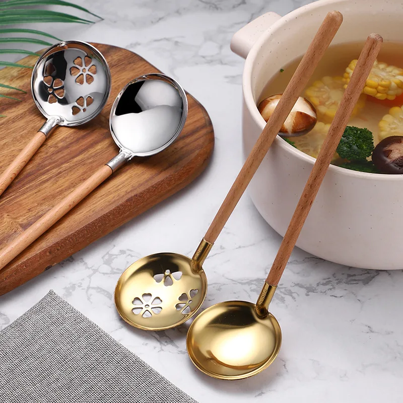 Gold Stainless Steel Soup Ladle Colander Long wood Handle Kitchenware Cookware Serving Spoon Soup Spoon for Cooking Utensil
Gold Stainless Steel Soup Ladle Colander Long wood Handle Kitchenware Cookware Serving Spoon Soup Spoon for Cooking Utensil
