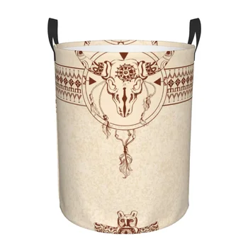 Laundry Basket Tribal Sketch With Bull Skull Owl Cloth Folding Dirty Clothes Toys Storage Bucket Household Storage Basket