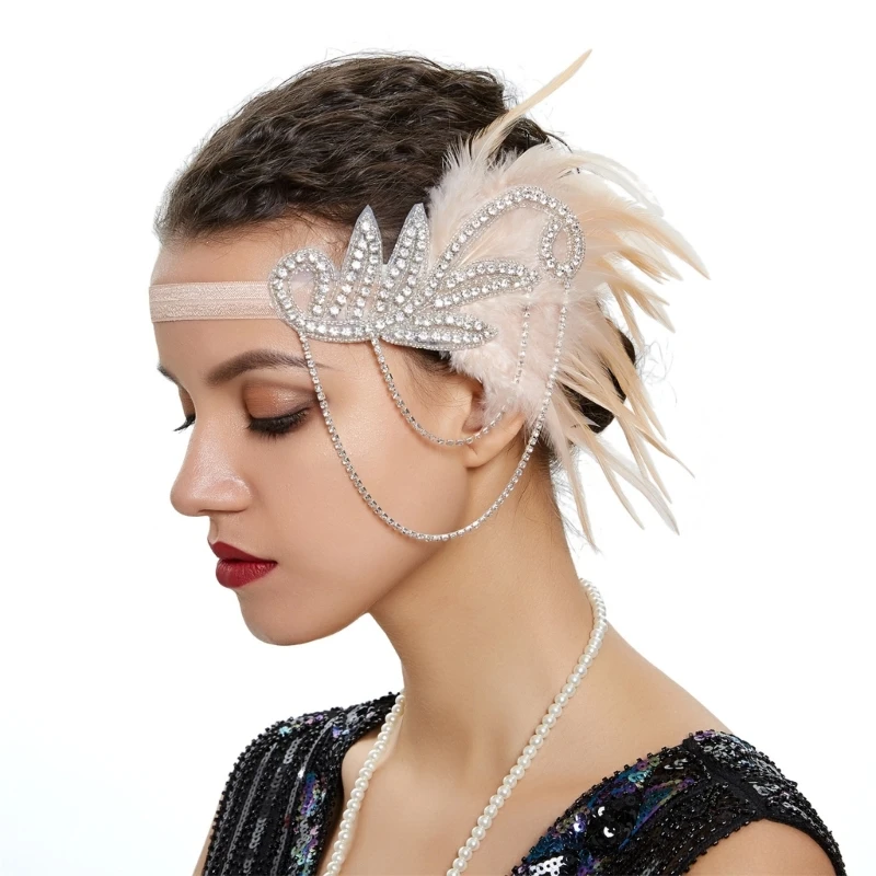 

Lady Headbands with Feathers Sequins Head-Chain Handmade Hair Accessories for Women Lady Headpiece 20s Art Masquerade