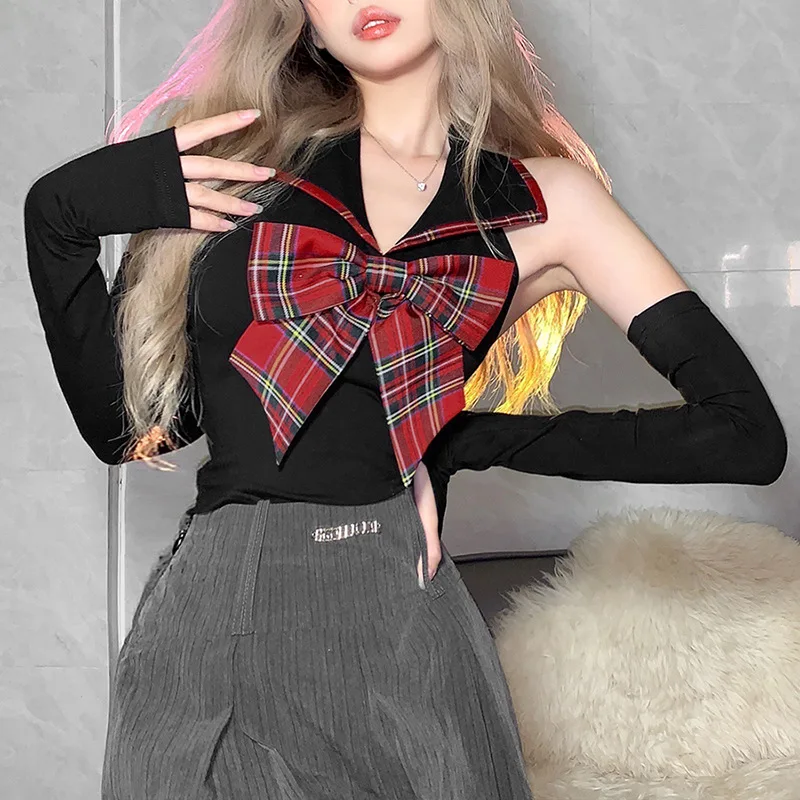 Y2K Punk Plaid Bow Halter T Shirt Goth Harajuku Sexy Black Gloves Skinny Backless T-Shirts Aesthetic Women Autumn Tees
Y2K Punk Plaid Bow Halter T Shirt Goth Harajuku Sexy Black Gloves Skinny Backless T-Shirts Aesthetic Women Autumn Tees