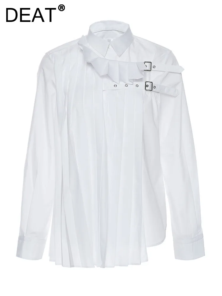 

Женская рубашка с отложным воротником DEAT, плиссированная блузка составного кроя с длинными рукавами и металлическими пуговицами, лето 2023