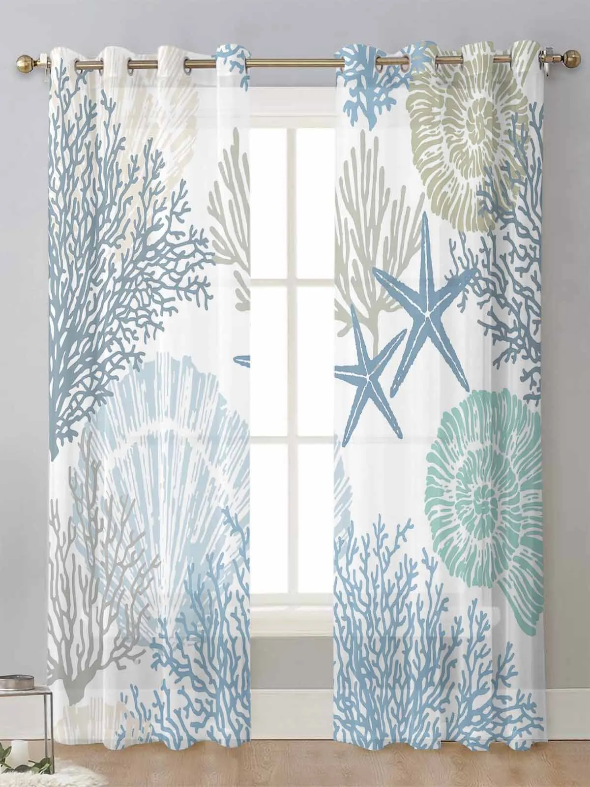 

Blue Marine Coral Shells Starfish Sheer Curtains For Living Room Window Voile Tulle Curtain Cortinas Drapes Home Decor
