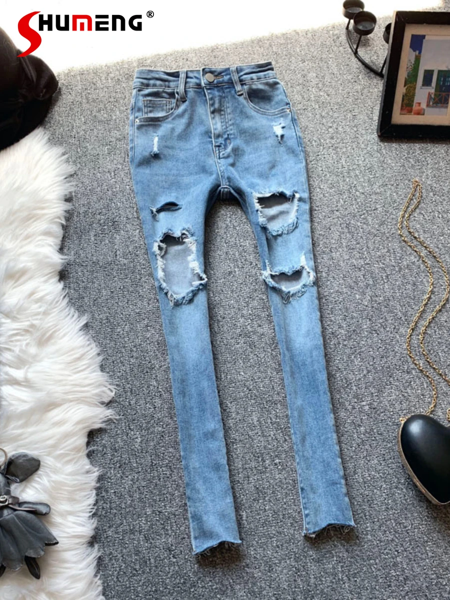 High Waist Sexy Ripped Jeans Women's Summer Thin Cropped Denim Pencil Pants New Stretch Slimming Tight Light Blue Skinny Pants
High Waist Sexy Ripped Jeans Women's Summer Thin Cropped Denim Pencil Pants New Stretch Slimming Tight Light Blue Skinny Pants