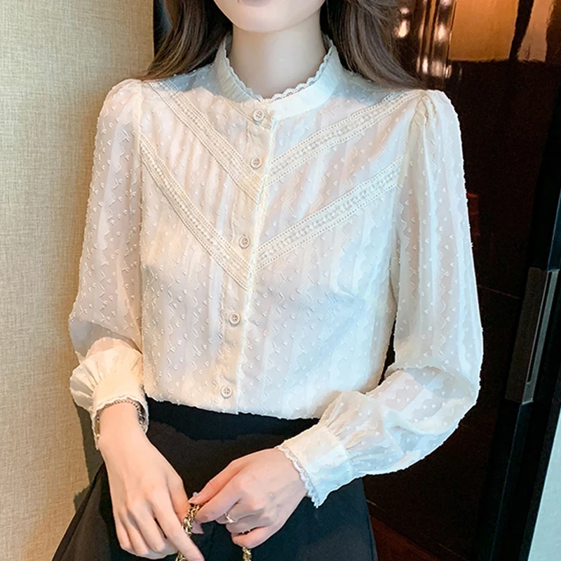 

Fashion Sweet Lady Shirt Elegant Lace Chiffon Blouse Women Buttons Long Sleeve Dot Tops Office Female Clothing Blusas 24560