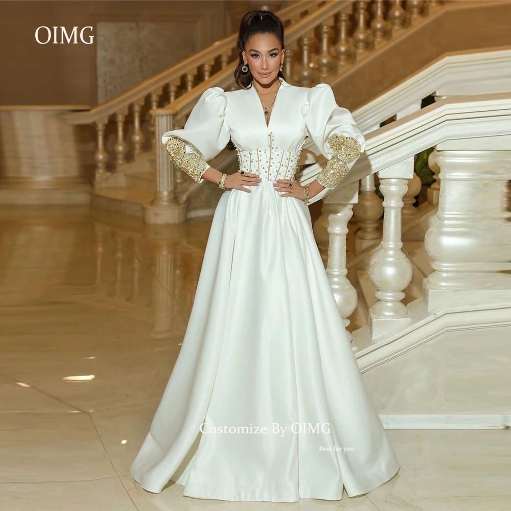 OIMG Vintage Puff Long Sleeves Satin Wedding Dresses Gold Lace Applique Beads Arabic Dubai Women Modest Formal Gowns Party
OIMG Vintage Puff Long Sleeves Satin Wedding Dresses Gold Lace Applique Beads Arabic Dubai Women Modest Formal Gowns Party
