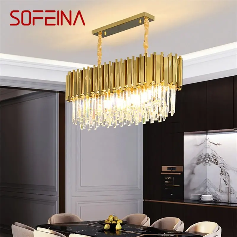 

SOFEINA Gold Chandelier Crystal Rectangle Pendant Lamp Postmodern LED Light Fixture for Home Living Dining Room