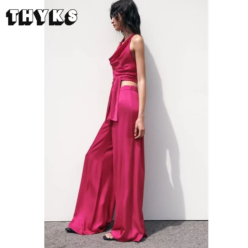 

Summer New Open Back Suspender Top Pleated Neckline Decoration Solid Color High Waist Wide Leg Trouser Suit Spicy Girl Style Set