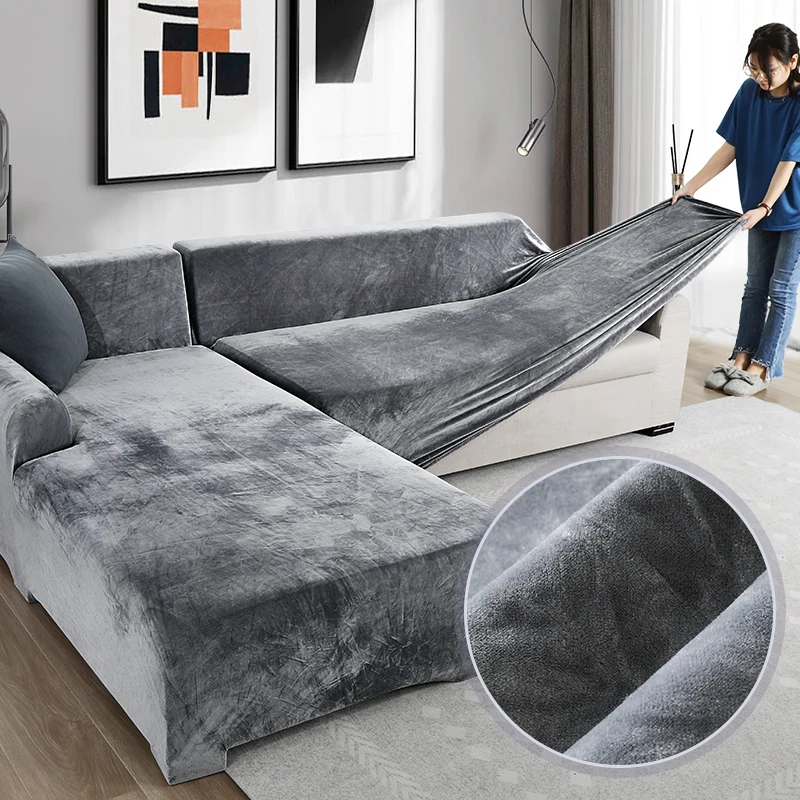 

Velvet Plush Thicken Sofa Cover All-inclusive Elastic Sectional Couch Cover for Living Room Chaise Longue L Shaped Corner Covers