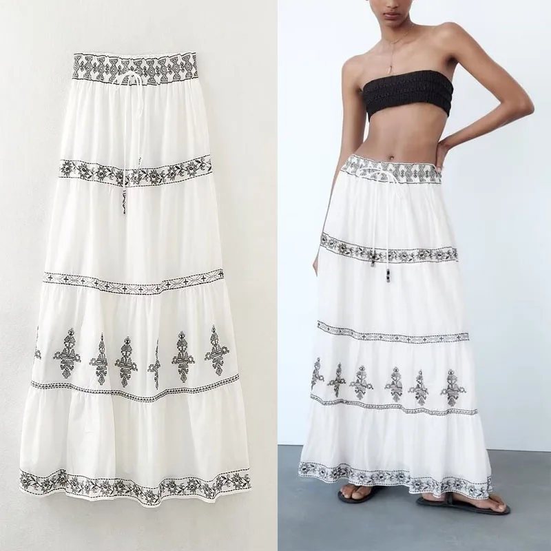 Юбка трапециевидная Женская средней длины, на шнуровке, с вышивкой, с завышенной талией