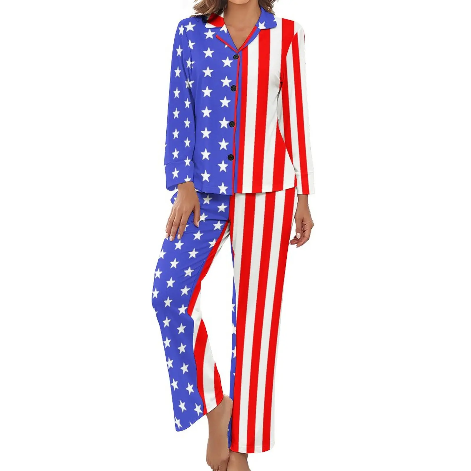 

Пижама с американским флагом, США, звезды и полоски, мягкие пижамные комплекты с длинным рукавом, 2 предмета, для сна, осенний дизайн, одежда для сна, подарок на день рождения