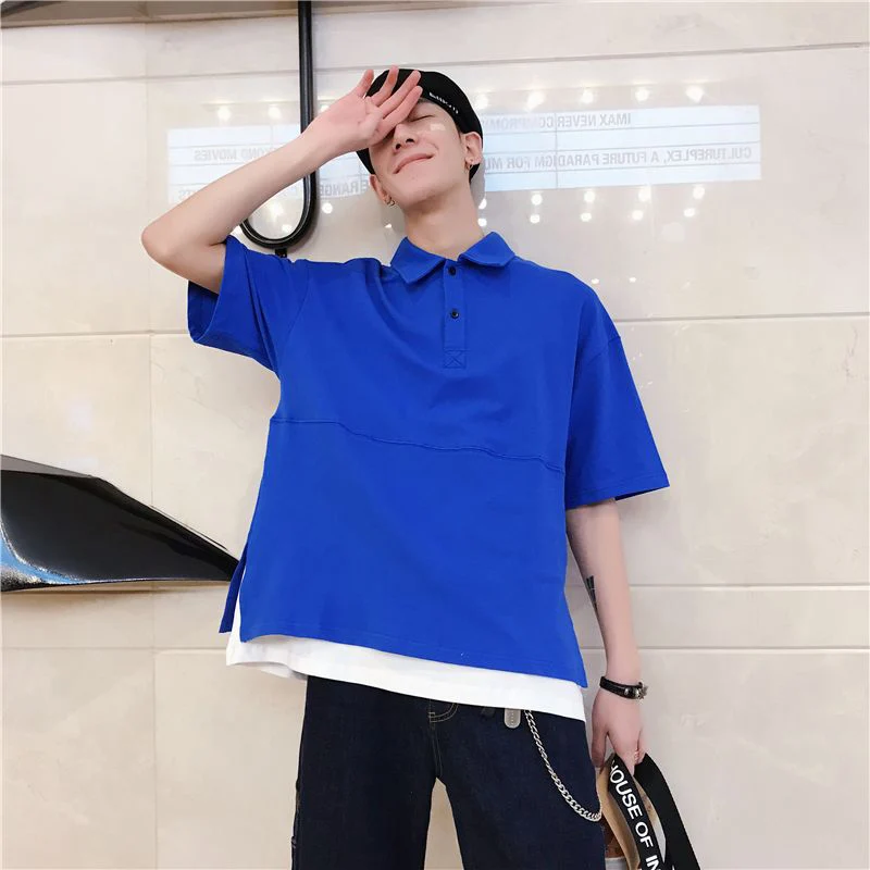 

Summer Spliced Hit Color Short Sleeve Men Polo T Shirt Hem Split Fork Teenagers Korean Fashion Fake Two Piece All-match Tops Tee