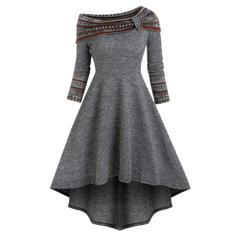 

Autum New Long Sleeve Dress For Women Skew Neck Tribal Print High Low Midi Dress Midi Irregular Foldover Vestido Feminino