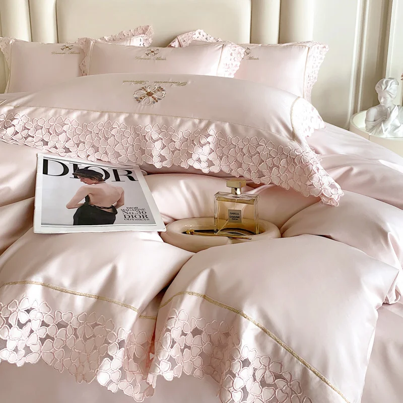

Романтический французский кружевной комплект постельного белья с широкой боковой вышивкой 1000TC из египетского хлопка, мягкий пододеяльник, простыня, наволочки