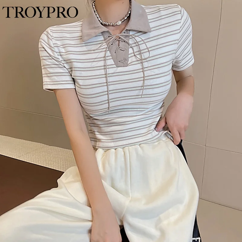 TROYPRO 2022 New Summer Korean Style Striped Polo Collar Short-sleeved Women's T-shirt Lace-up Slim Commuter All-match Short Top
TROYPRO 2022 New Summer Korean Style Striped Polo Collar Short-sleeved Women's T-shirt Lace-up Slim Commuter All-match Short Top