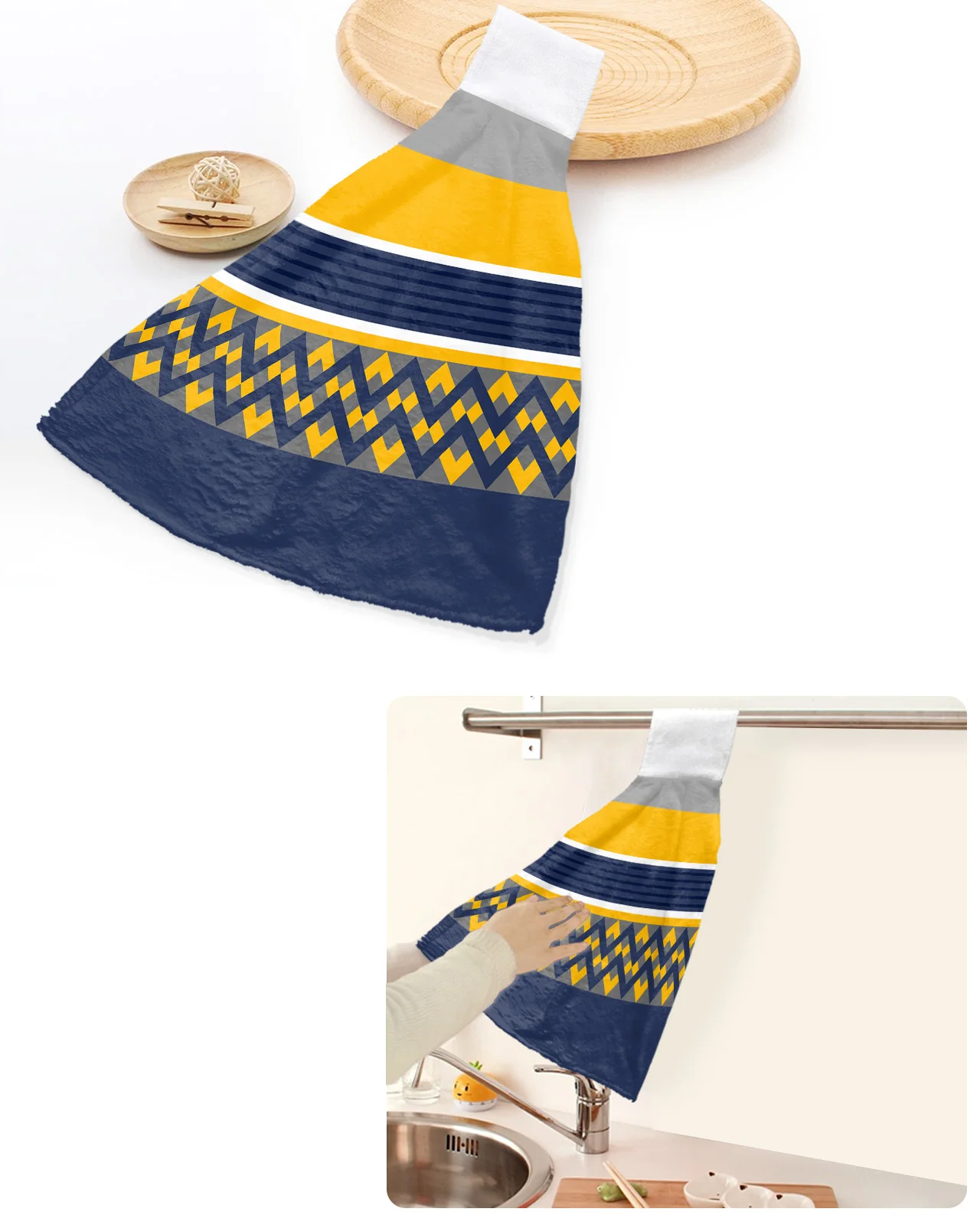 

Blue Yellow Gray Striped Geometric Lines Hand Towels Home Kitchen Bathroom Hanging Dishcloths Loops Absorbent Custom Wipe Towel