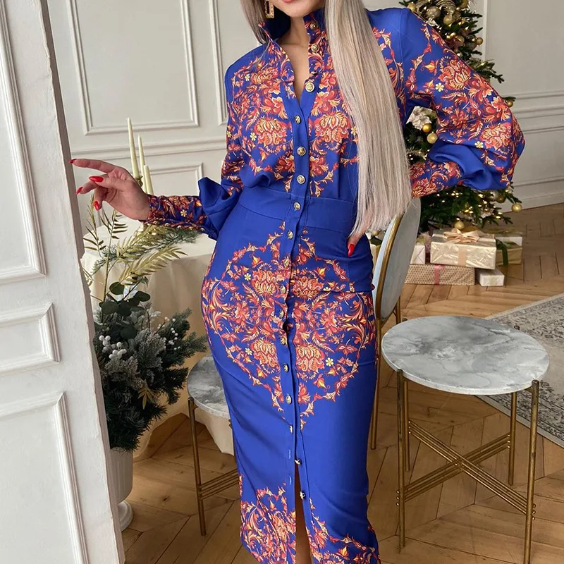 Women Stand Collar Printed Shirt Dress Spring Single-breasted Elegant Long Party Dress Summer Long Sleeve Office Slim Dresses XL
Women Stand Collar Printed Shirt Dress Spring Single-breasted Elegant Long Party Dress Summer Long Sleeve Office Slim Dresses XL