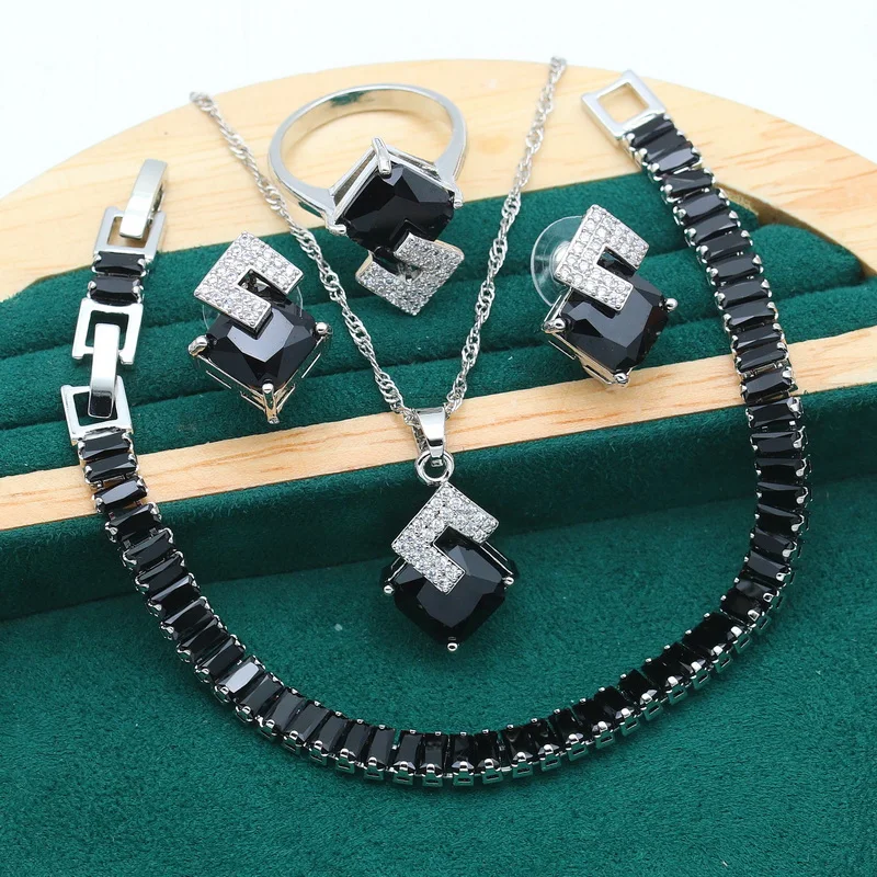 Luxurious Black Zircon Silver Color Jewelry Set for Women Bracelet Earrings Necklace Pendant Ring Birthday Halloween Gift
Luxurious Black Zircon Silver Color Jewelry Set for Women Bracelet Earrings Necklace Pendant Ring Birthday Halloween Gift