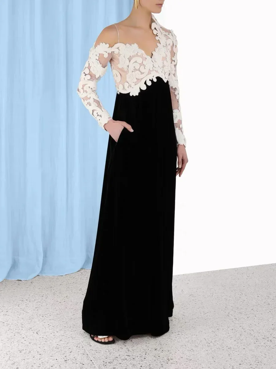 New 2023 Latest High Quality Vintage Luxury Lace Patchwork Shoulder Cut Out Full Sleeve Women Black Midi Dress for Holiday
New 2023 Latest High Quality Vintage Luxury Lace Patchwork Shoulder Cut Out Full Sleeve Women Black Midi Dress for Holiday