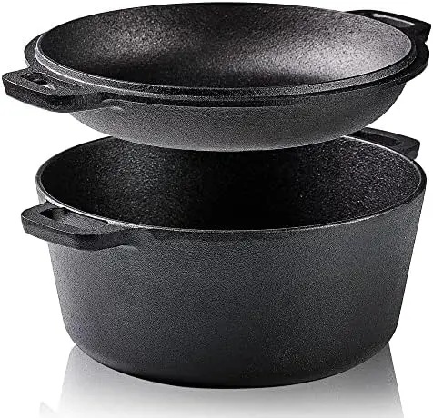 

in 1 Cookware Set Cast Iron Dutch Oven Pot 5 qt with 10 inch Skillet Lid Use on Gas Grill Stovetop BBQ Camping(5 Quart, Black)