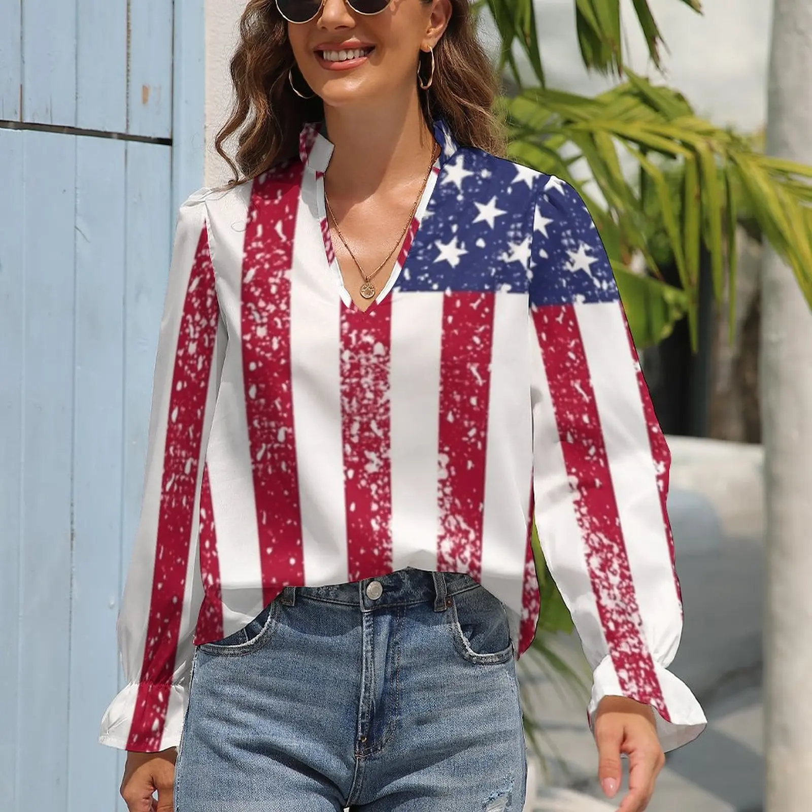American Flag Graphic Blouse Autumn Glitter Star Print Simple Chiffon Blouses V Neck Puff Sleeve Print Shirts Female Kawaii Tops
American Flag Graphic Blouse Autumn Glitter Star Print Simple Chiffon Blouses V Neck Puff Sleeve Print Shirts Female Kawaii Tops