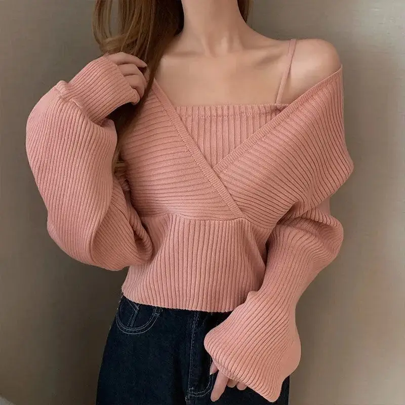 Winter V-neck Loose Fake Two Sling Women's Sweater Pink Long Sleeve Soft Warm Knitting Ribbed Pullover Basic Casual Solid Jumper
Winter V-neck Loose Fake Two Sling Women's Sweater Pink Long Sleeve Soft Warm Knitting Ribbed Pullover Basic Casual Solid Jumper