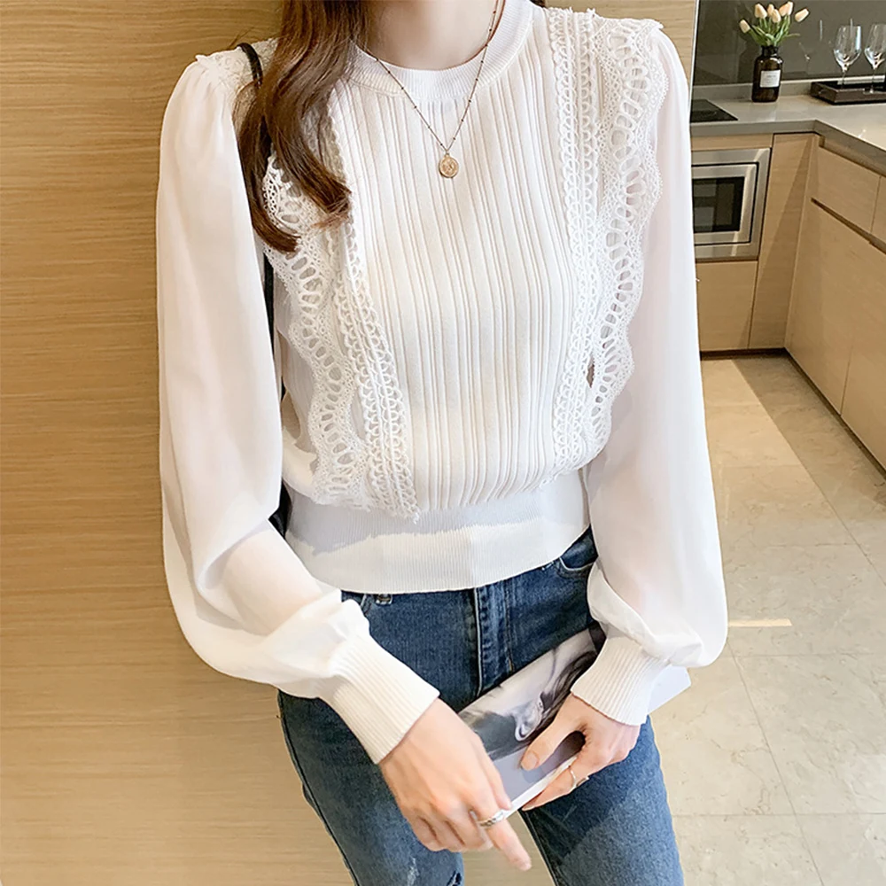 Korea Fashion Ladies Blouse Casual Long Puff Sleeves Lace Patchwork Solid Color Pullover Round Neck Spring Fall For Gentle Lady
Korea Fashion Ladies Blouse Casual Long Puff Sleeves Lace Patchwork Solid Color Pullover Round Neck Spring Fall For Gentle Lady