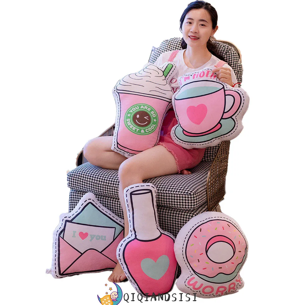 Плюшевые подушки INS с печатными изображениями, наполненные хлопком PP, изображающие еду и напитки: фламинго, пончик, леденец, для декорирования комнаты девочек, размером 50-60 см.