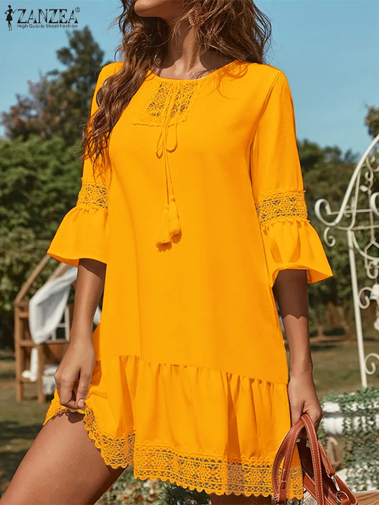 Casual Lace Insert Mini Dress ZANZEA Summer Women Hoilday Short Robes Round Neck Tassel Sundress 3/4 Flare Sleeve Loose Vestidos 
Casual Lace Insert Mini Dress ZANZEA Summer Women Hoilday Short Robes Round Neck Tassel Sundress 3/4 Flare Sleeve Loose Vestidos