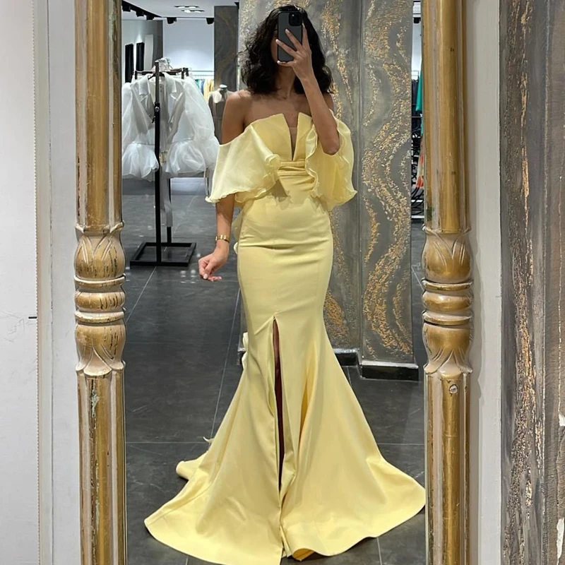 

Backless Yellow Prom Dresses 2023 Ruffles Flare Sleeves Off Shoulder Mermaid Sweep Train Arabia Evening Dress платье женское