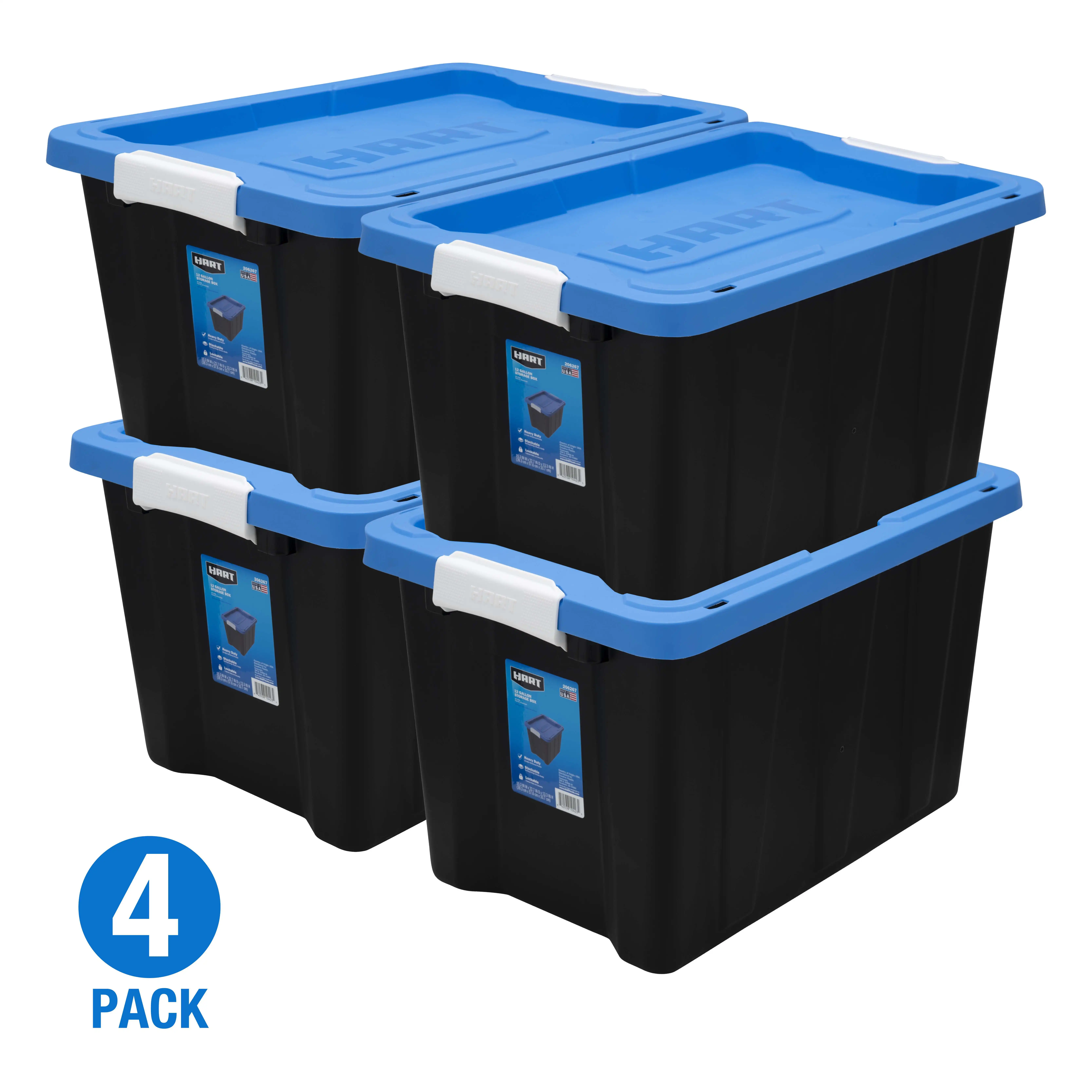 HART 12 Gallon Latching Plastic Storage Bin Container, Black with Blue Lid, Set of 4
HART 12 Gallon Latching Plastic Storage Bin Container, Black with Blue Lid, Set of 4