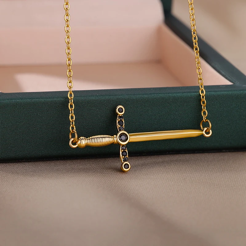 Black Zircon Cross Sword Necklaces For Women Men Gold Color Stainless Steel Neck Chain Male Female Pendant Necklace Jewelry Gift
Black Zircon Cross Sword Necklaces For Women Men Gold Color Stainless Steel Neck Chain Male Female Pendant Necklace Jewelry Gift