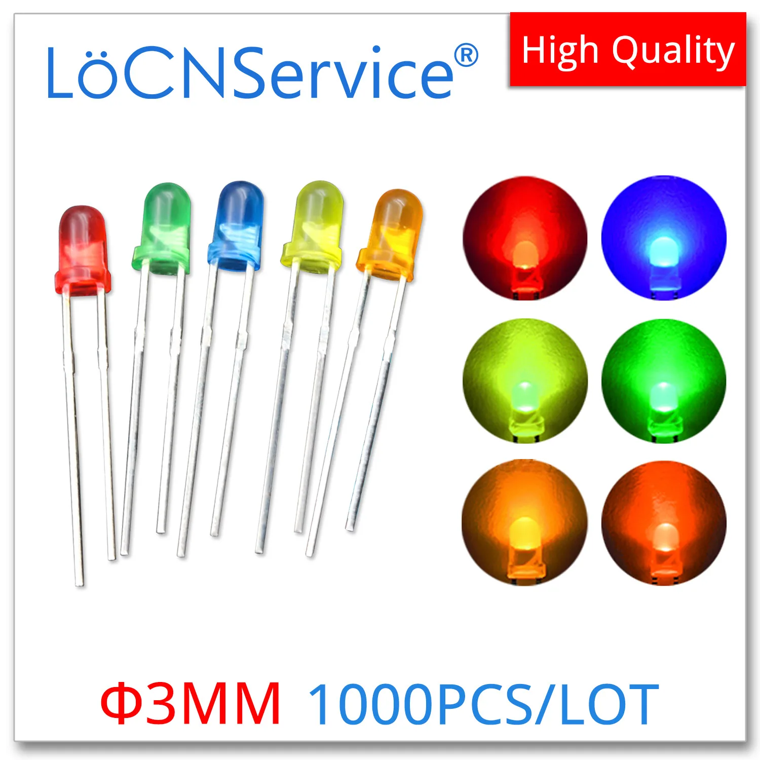

LoCNService 1000PCS 3mm F3 Diffused Red Blue Pure Green White Yellow Orange DIP LED High quality bead light emitting diodes leds
