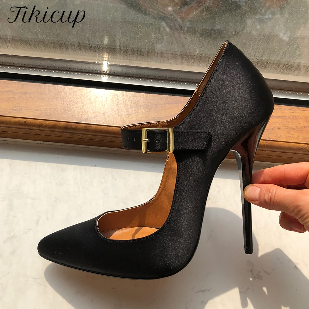 

Tikicup Plus Size 40-48 Sexy Drag Queen Crossdress Black Satin Pointy Toe Mary Janes 13cm High Heel Shoes Sexy Stiletto Pumps