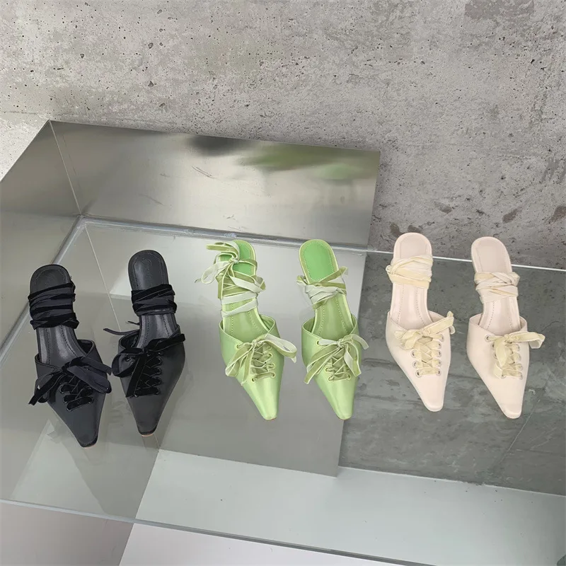 

Сандалии женские на шпильке, заостренный носок, перекрестная шнуровка, тонкий высокий каблук, ремешок на щиколотке, туфли-лодочки, летняя обувь