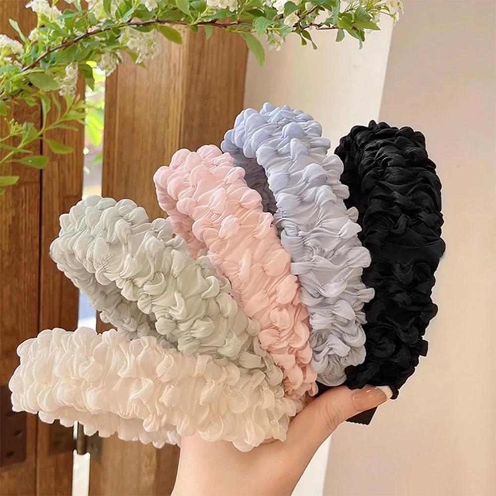 

Корейские сетчатые плиссированные повязки на голову, женская элегантная повязка для волос с оборками для мытья лица, аксессуары для волос с широкой каймой