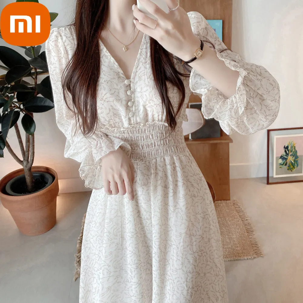 Xiaomi French Style Floral Print Vestido De Mujer V-neck Chiffon Robe Female Pleated Slim Waist Chiffon Dress Women Spring 
Xiaomi French Style Floral Print Vestido De Mujer V-neck Chiffon Robe Female Pleated Slim Waist Chiffon Dress Women Spring
