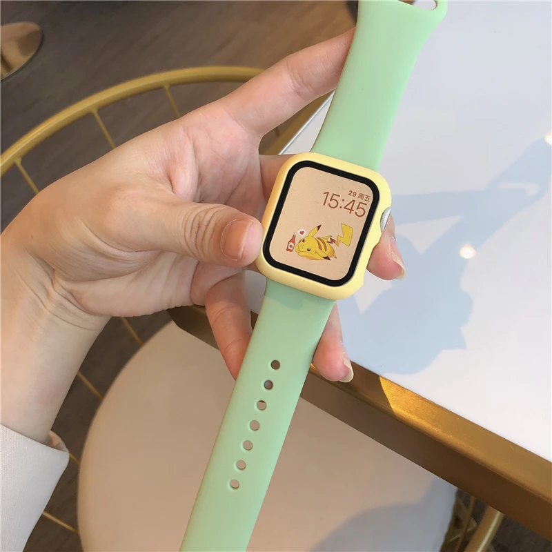 Стекло + чехол ремешок для Apple Watch Series 7 6 5 4 3 Se 41 мм 45 38 42 силиконовый браслет