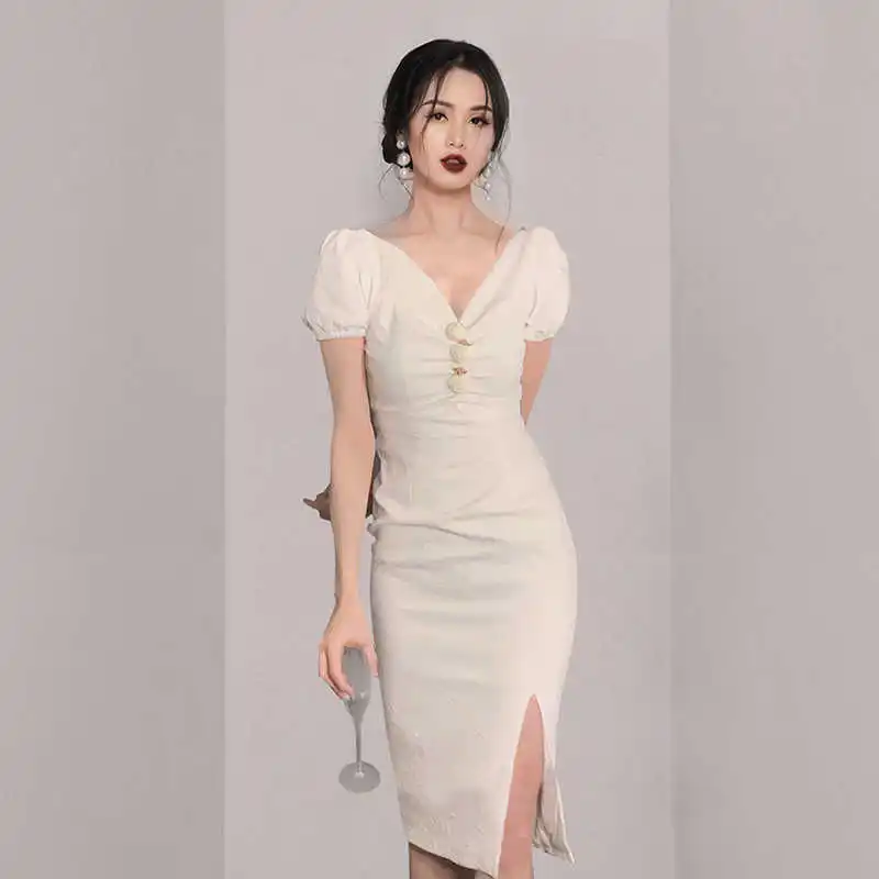 Summer 2021 sexy waist-tight socialite slim slit long dress Solid color dress 
Summer 2021 sexy waist-tight socialite slim slit long dress Solid color dress
