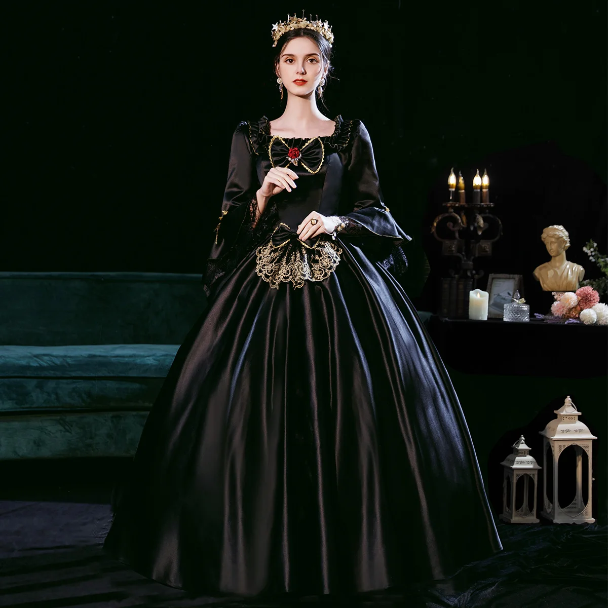 

Black Vintage Gothic Rococo Ball Gown Adult Halloween Party Dresses Women Baroque Colonial Masquerade Victorian Dress Costume