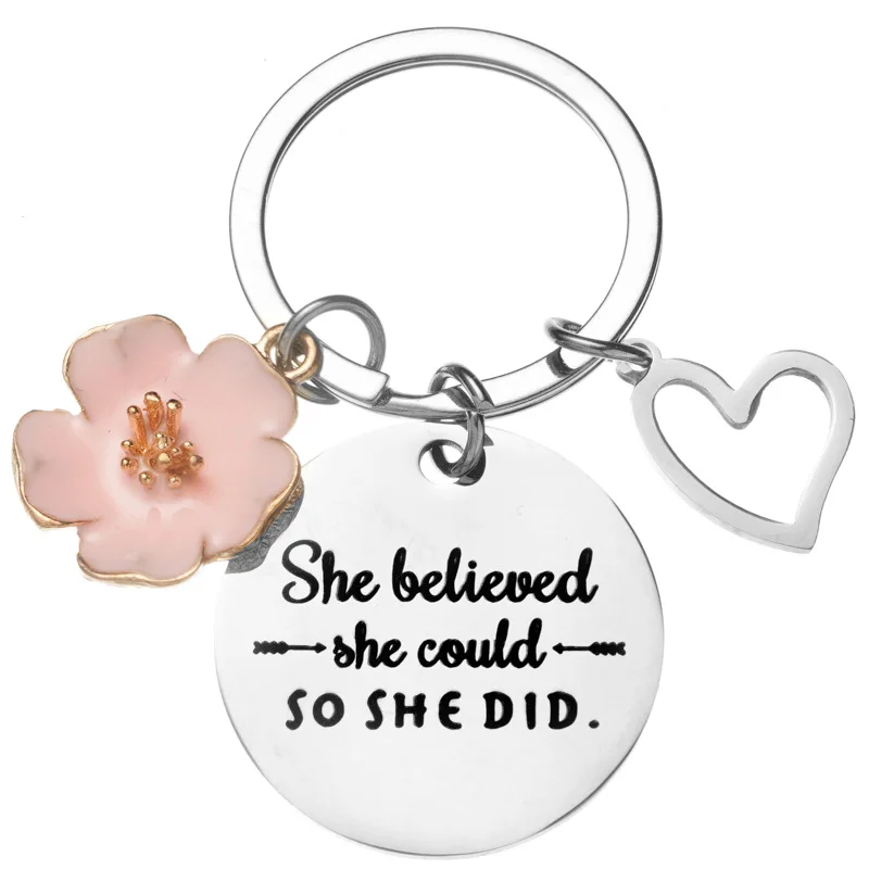 

Inspirational word letter she believed she could so she did keychain keyring for women girls stainless steel heart petal keyfob
