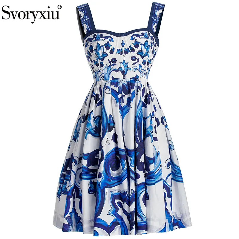 

Svoryxiu Summer Runway Fashion Cotton Dress Women's Spaghetti Strap Blue and White Porcelain Printing Vacation Elegant Dresses