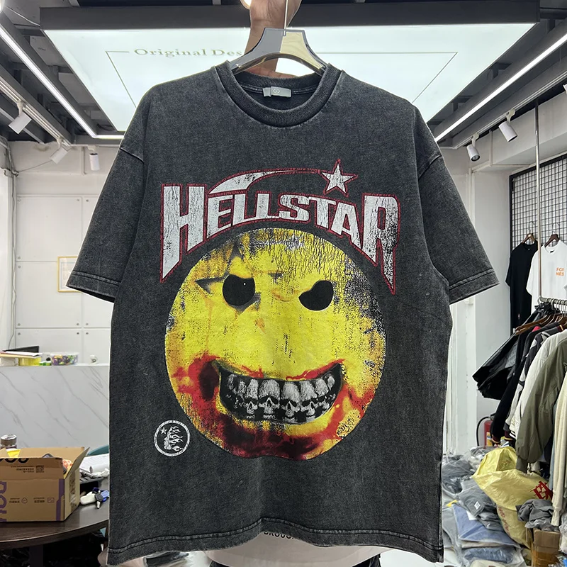 

Yellow Crack Ghost Skull Tooth Print Heavy Fabric T Shirt Men Women Streetwear Vintage T-Shirt Casual Distreesed Washed Tops