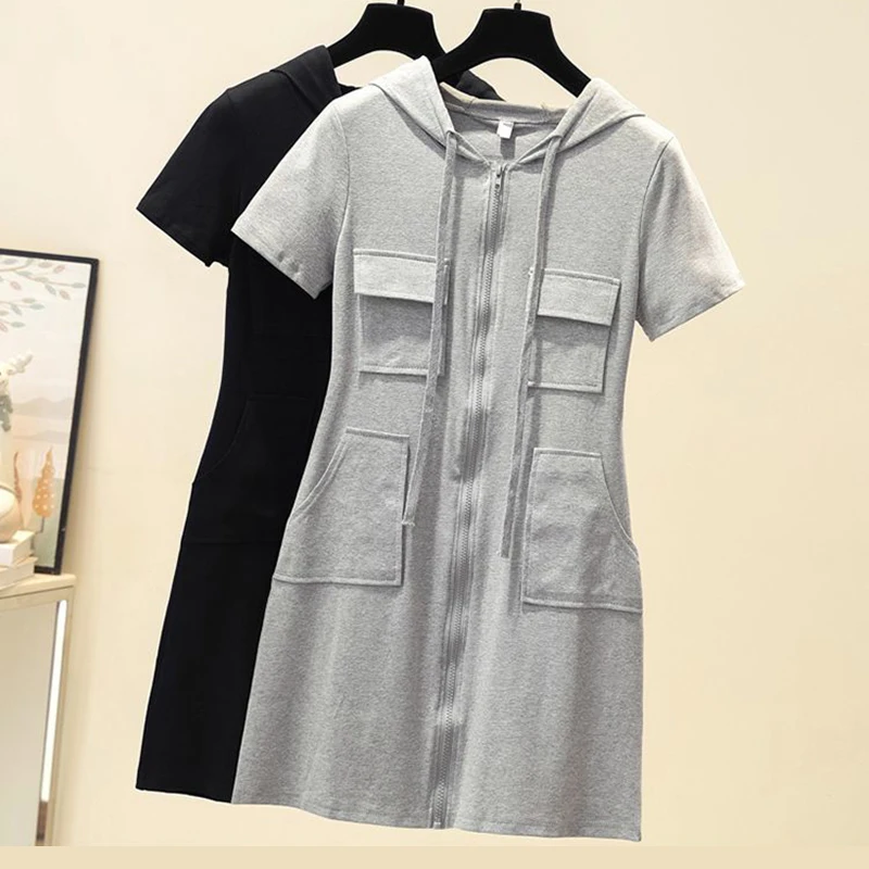Hooded Zipper Sweet and Salty Short Sleeve Dress Women's Casual summer dress women vintage vestido de mujer Straight
Hooded Zipper Sweet and Salty Short Sleeve Dress Women's Casual summer dress women vintage vestido de mujer Straight