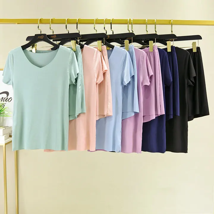 Summer Newest Fit V-neck Ice Silk Homewear Suit Women's Casual Short Sleeve Shorts Traceless Home Clothes Sleepwear Clothes
Summer Newest Fit V-neck Ice Silk Homewear Suit Women's Casual Short Sleeve Shorts Traceless Home Clothes Sleepwear Clothes