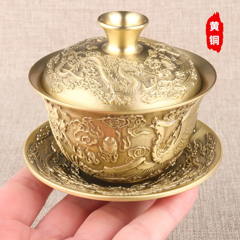 

Brass Tea Cup Three Piece Set Antique Collection Bronze Ware Decoration Small Dragon And Phoenix Chengxiang Tea