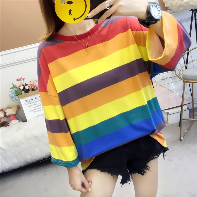 Milk Silk Thin Women's Top, 3/4 Sleeves, Rainbow Stripes, Round Neck, Casual Loose T-shirt, Female Student, New, Summer 2023
Milk Silk Thin Women's Top, 3/4 Sleeves, Rainbow Stripes, Round Neck, Casual Loose T-shirt, Female Student, New, Summer 2023