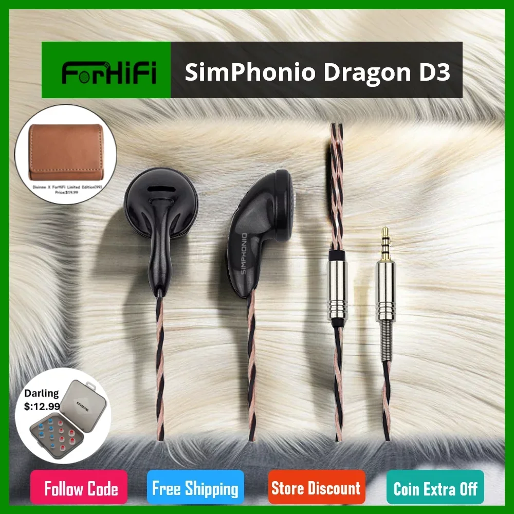 

SimPhonio Dragon D3 Dynamic Driver HiFi Music Monitor DJ Studio Audiophile Earbuds Earphones Flat Head PK2 BK