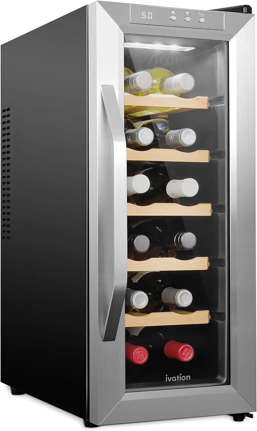 

12 Bottle Thermoelectric Wine Cooler/Chiller - Stainless Steel - Counter Top Red & White Wine Cellar w/Digital Temperature, Min